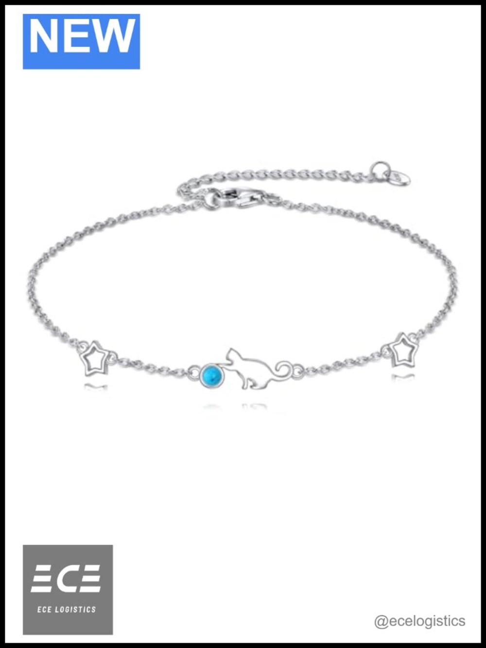 Sterling Silver Turquoise Cat Charm Bracelet Adjustable Link Chain Gift